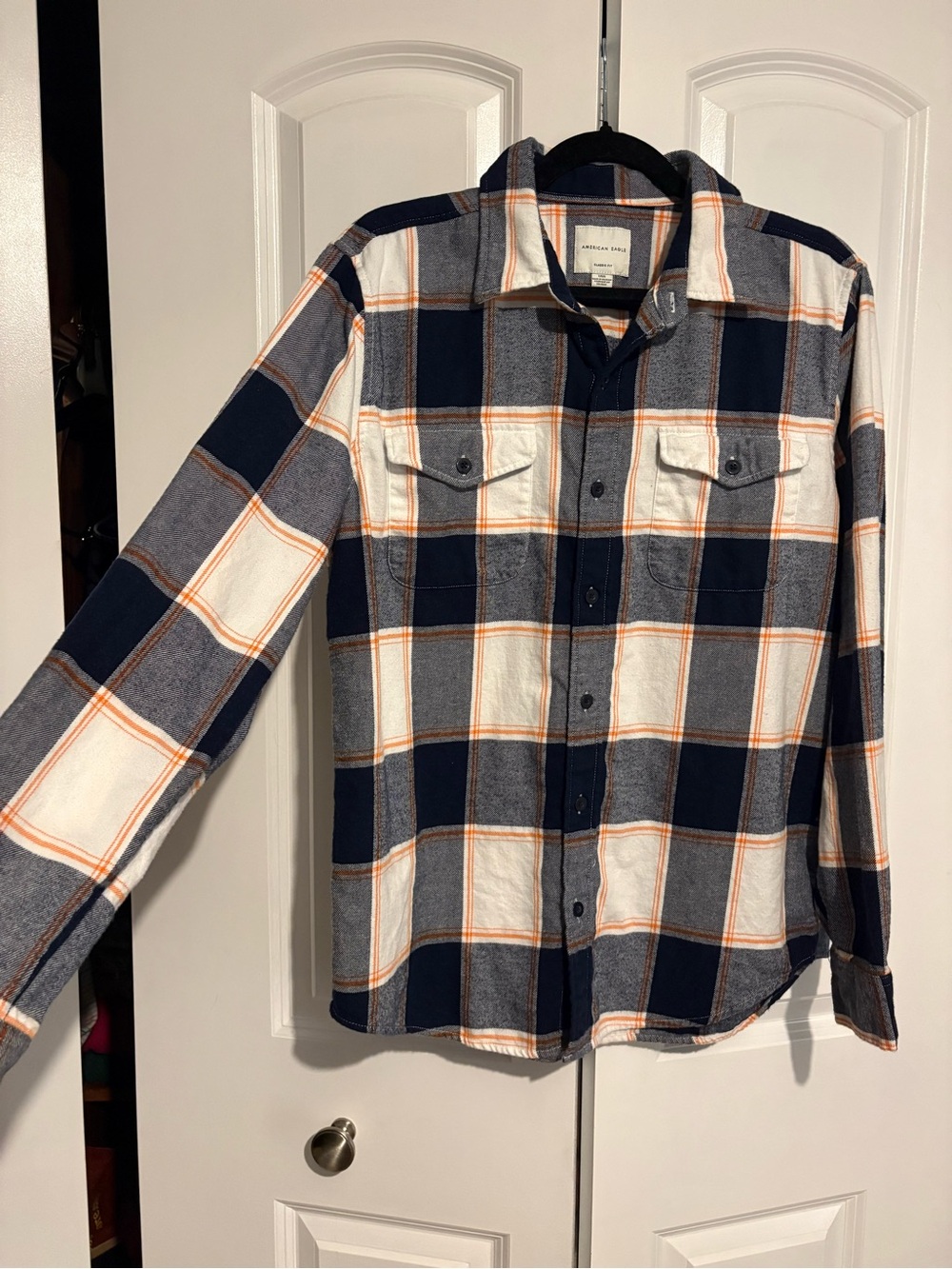 Navy and Orange flannel button down American Eagle plaid